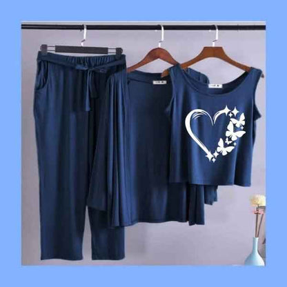 Summer Cotton 3PC Night Suit – Heart & Butterfly Print
