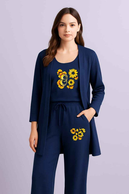 Summer Cotton 3PC Night Suit – Yellow Floral Print
