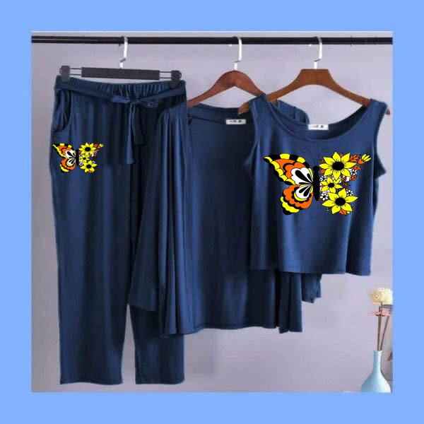 Summer Cotton 3PC Night Suit – Yellow Floral Print