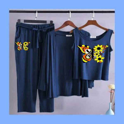 Summer Cotton 3PC Night Suit – Yellow Floral Print
