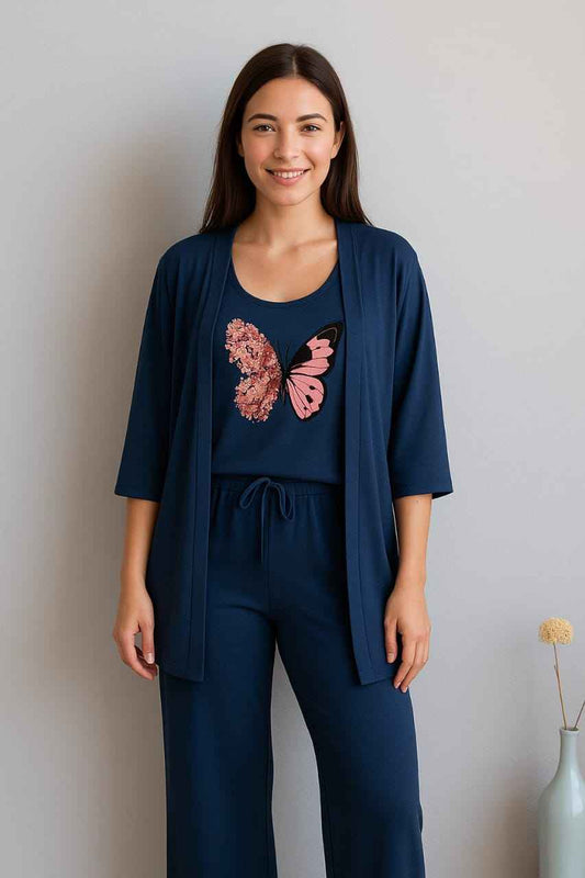 Summer Cotton 3PC Night Suit – Butterfly Print
