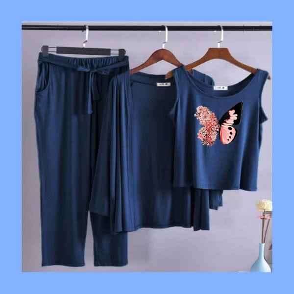 Summer Cotton 3PC Night Suit – Butterfly Print
