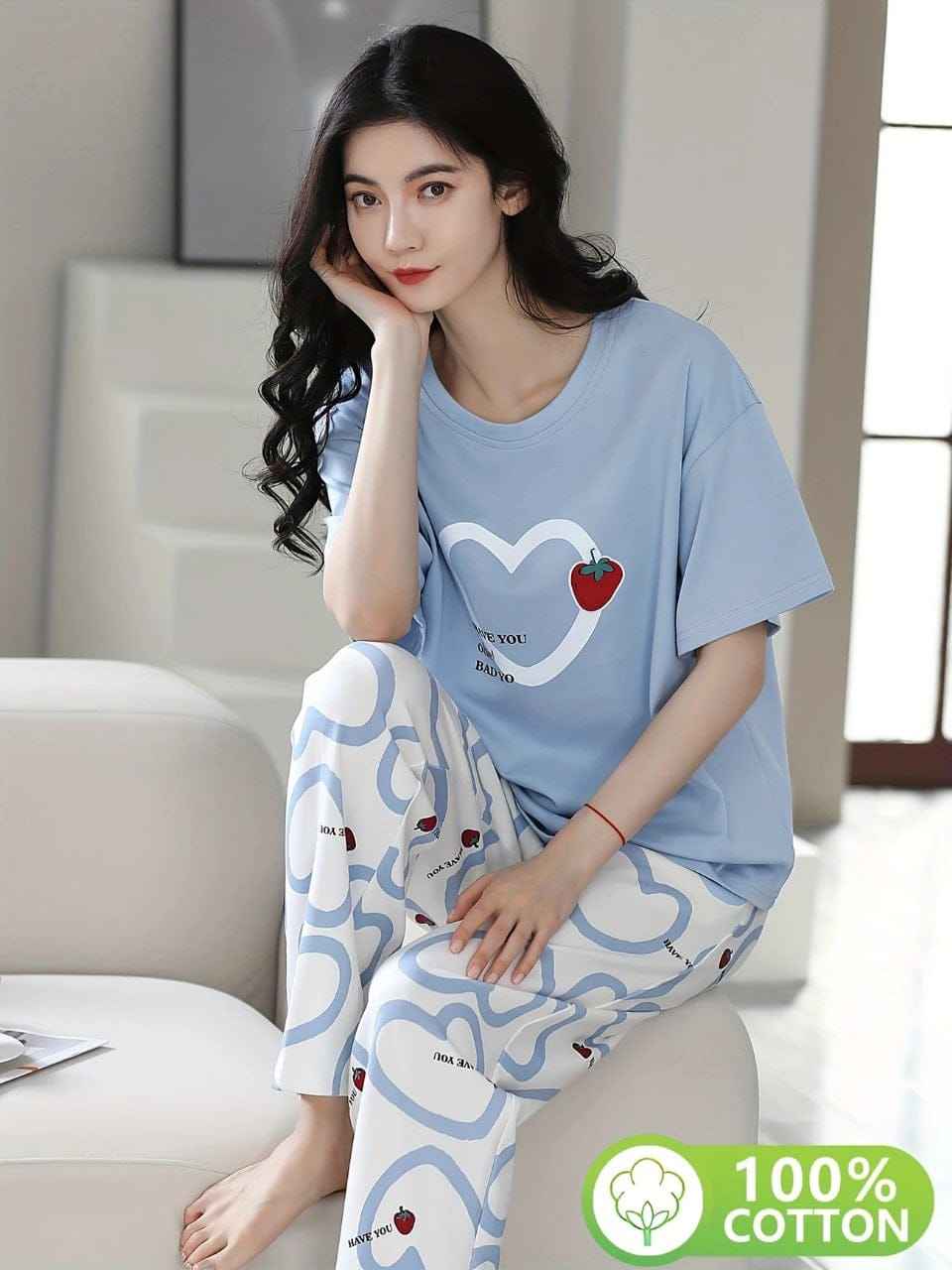 Blue Heart Night Suit – 100% Cotton