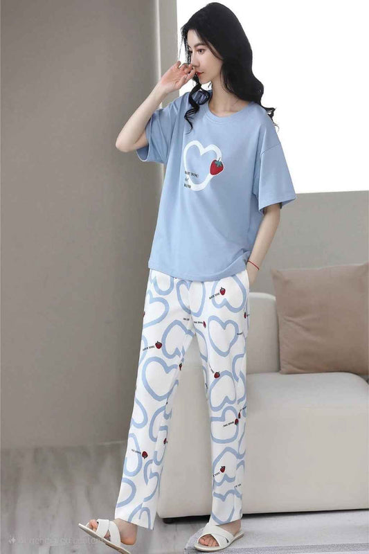 Blue Heart Night Suit – 100% Cotton