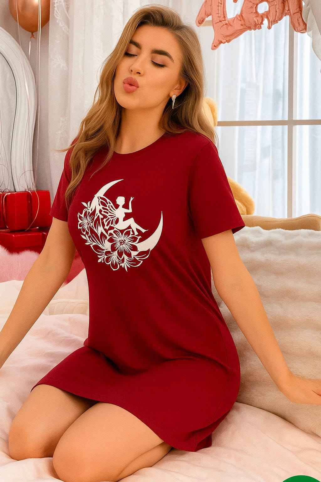 Maroon Fairy & Moon Print Women’s Long T-Shirt