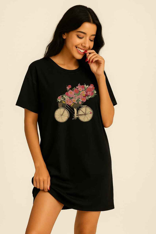 Black Long T-Shirt – Floral Bicycle Print (Copy)