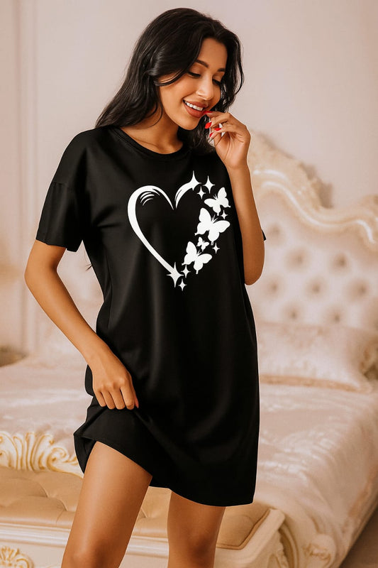 Black Women Long T-Shirt – Heart & Butterflies Print