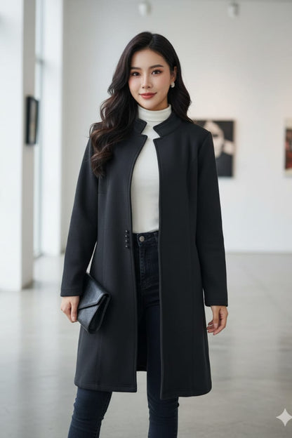 Women Classic Black Long Fleece Coat – Stylish & Warm