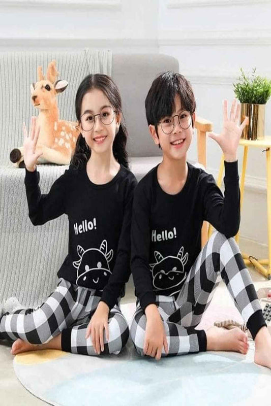 Kids Checkered Pajama Set – Hello Print (Ages 1–10)