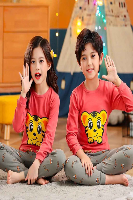 Kids Cartoon Tiger Pajama Set – Red & Grey