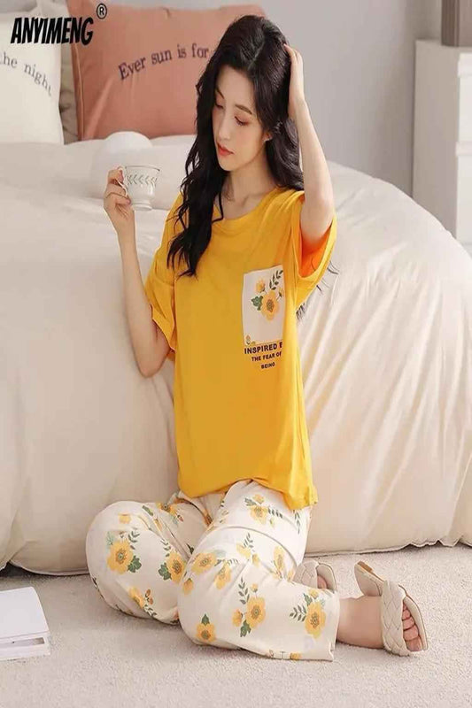 Floral Yellow Night Suit – Soft Jersey Comfort