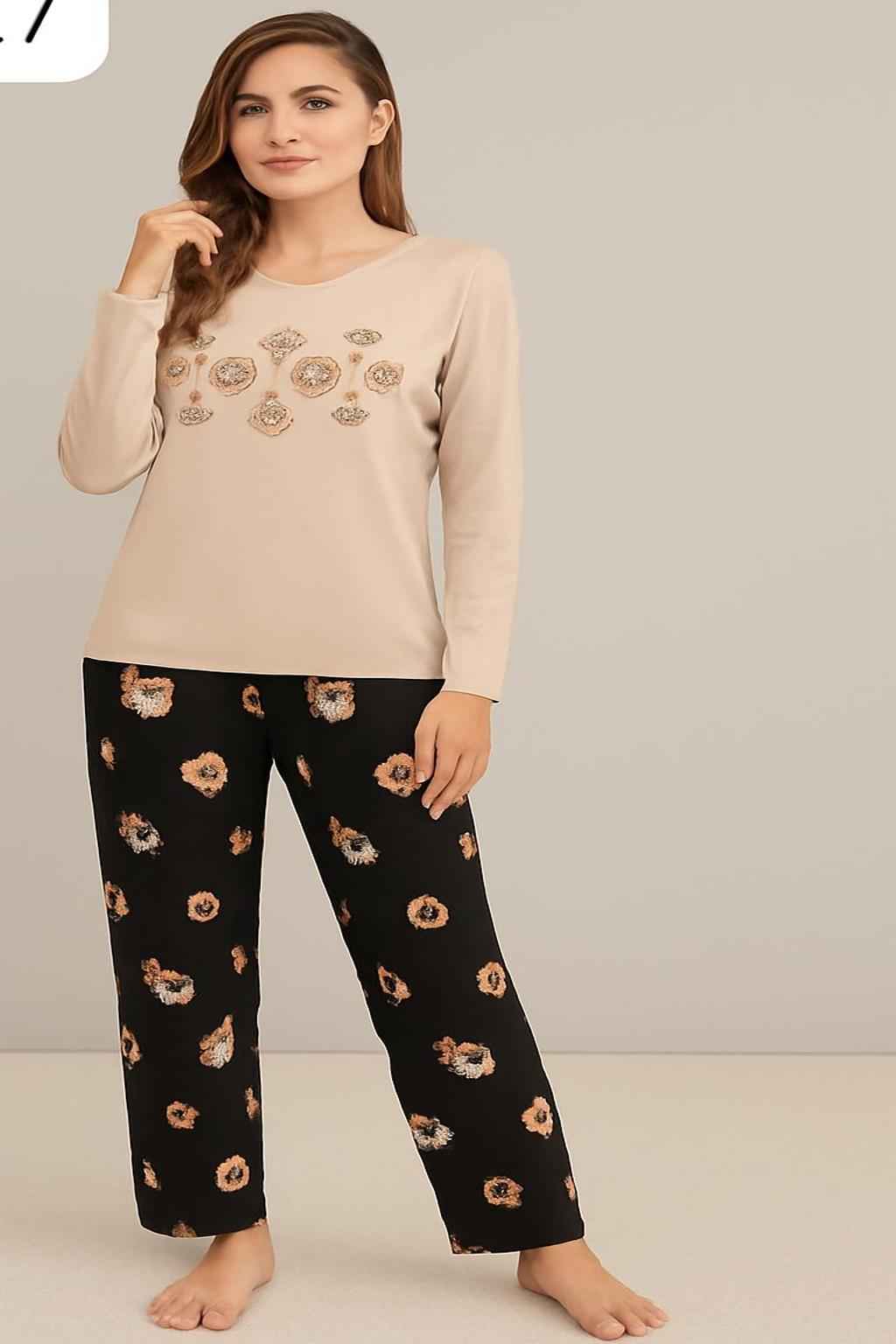 Beige & Black Teddy Print Nightwear Set – Cozy & Adorable