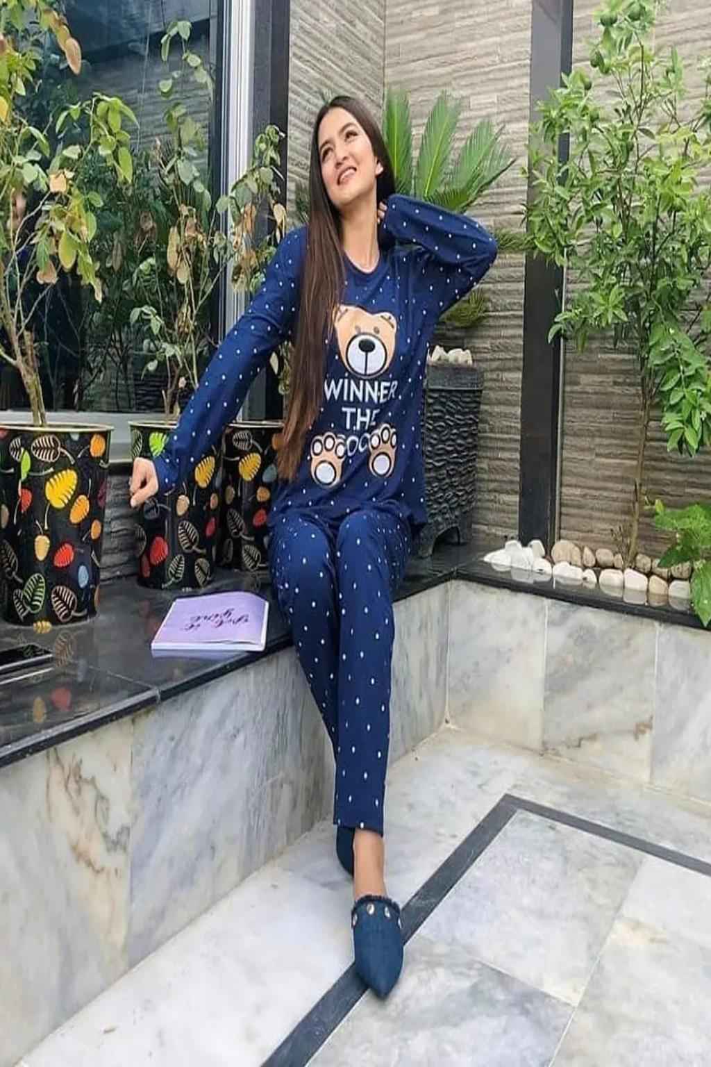 Women’s Navy Blue Nightwear Pajama Set – Cute Teddy Print