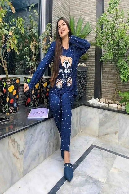 Women’s Navy Blue Nightwear Pajama Set – Cute Teddy Print