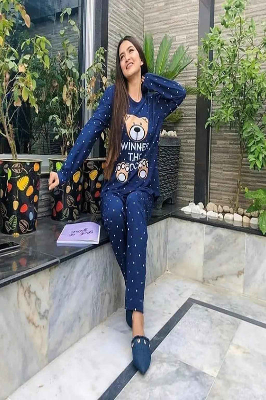 Women’s Navy Blue Nightwear Pajama Set – Cute Teddy Print