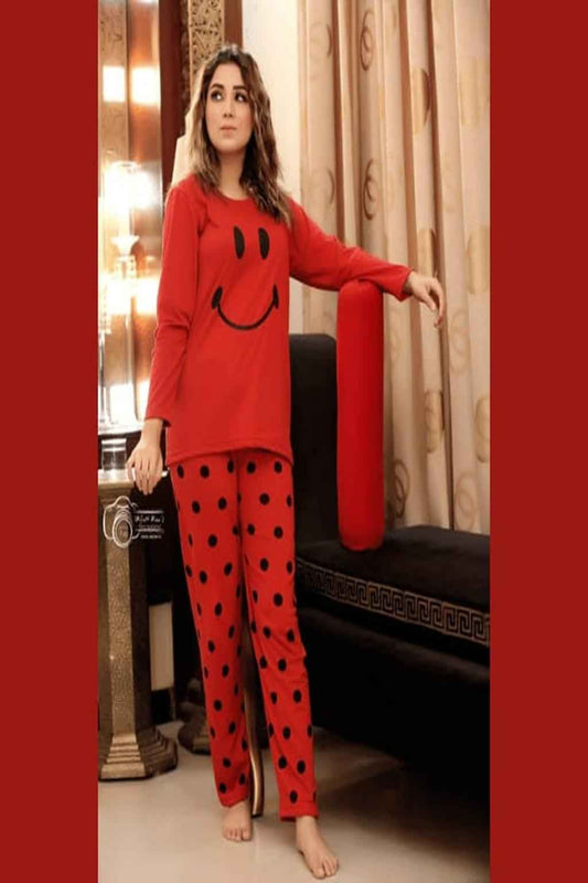 Red Smiley Print Nightwear Set – Soft & Comfy