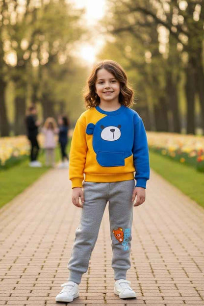 Kids Sweatshirt Set Blue Yellow Toddler Boys Girls Tracksuit with Bear Print